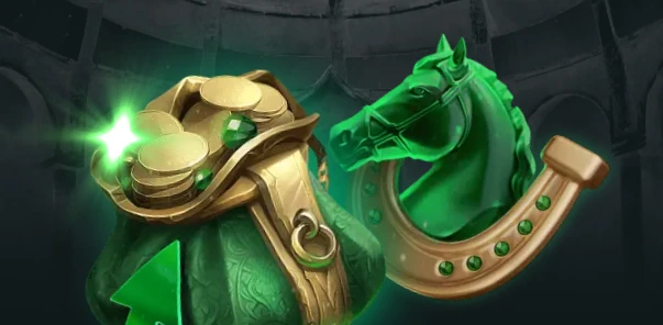 Cena épica com herói em armadura verde, criança e castelo ao fundo no casino Herospin