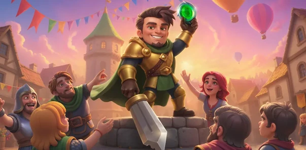 Herói jovem com armadura dourada segurando uma gema verde brilhante no Herospin